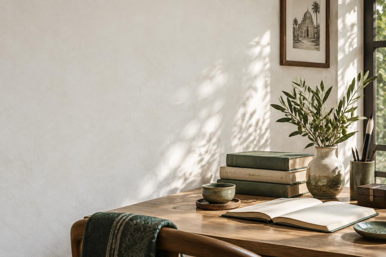 Books and Chinese calligraphy brushes in a sunlit study
